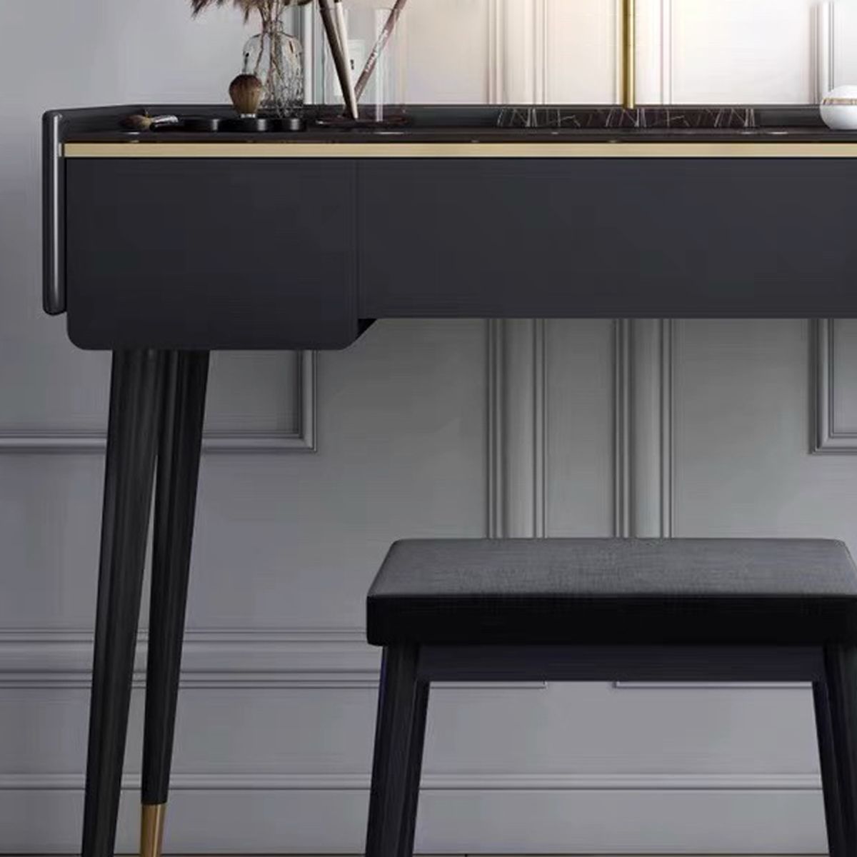 Glam Wooden Frame Dressing Table Slate Top Vanity with Drawers