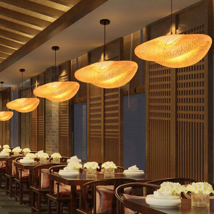 1-Light Pendant Lamp South-East Asia Style Hat Shape Bamboo Chandelier Kitchen Lamps