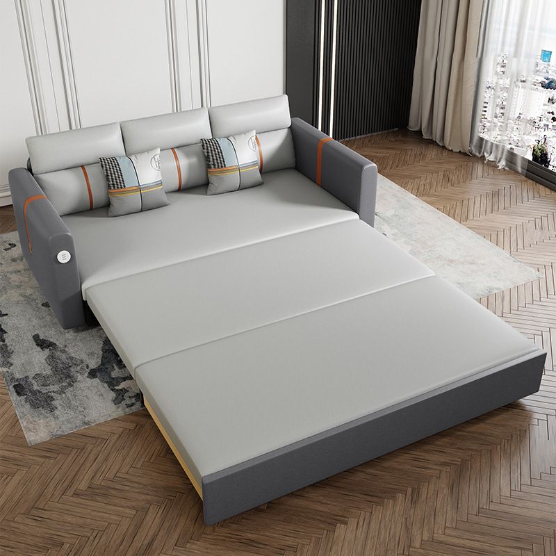 Faux Leather Sofa Convertible Sofa Bed with Square Arm in Grey