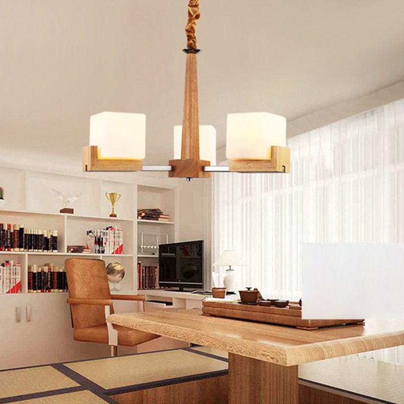 Modern Singularity Radial Pendant Light Wooden Indoor Chandelier with White Frosted Glass Shade