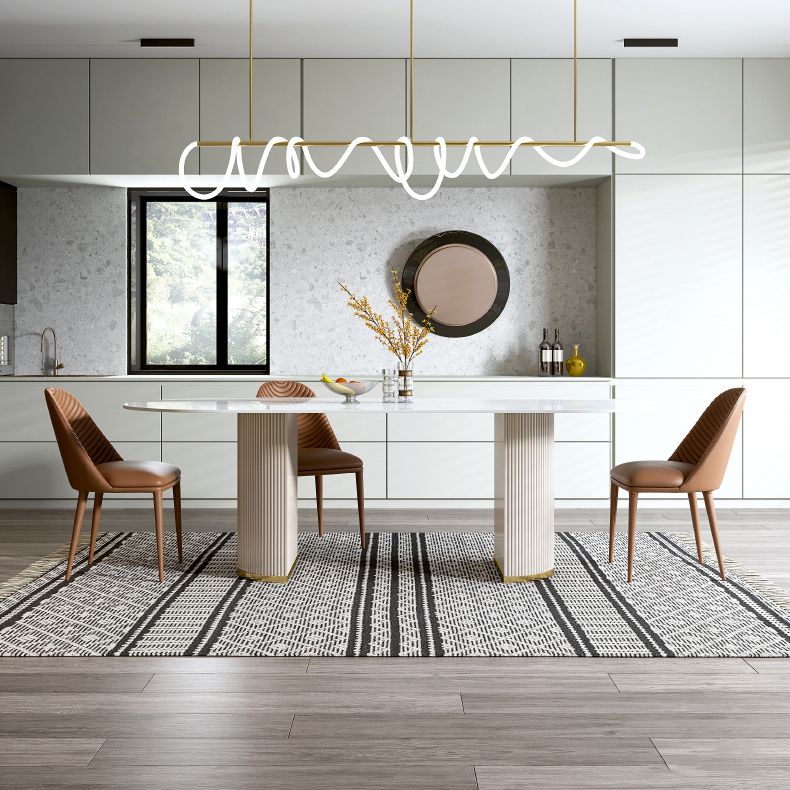 Ovale dubbele voetstuk glamour eettafel witte tint vaste tafel met gesinterde steen