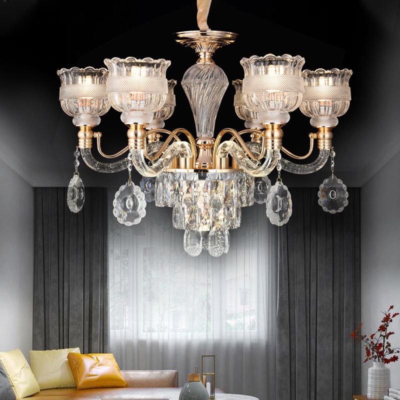 7-Bulb Clear Crystal Chandelier Lighting Fixture Rural Gold Scalloped Bowl Dining Room Hanging Pendant