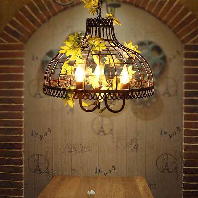 Metal Dome Ceiling Pendant Light Industrial 3 Heads Restaurant Hanging Chandelier with Flower Decoration in Black
