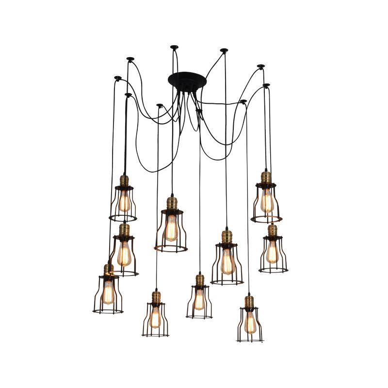 Caged Iron Ceiling Pendant Industrial 10 Bulbs Restaurant Multi Light Chandelier in Black