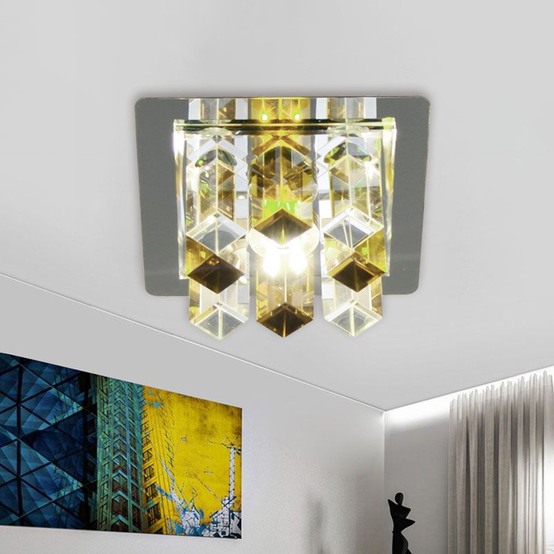 LED Flush Mount Light Minimal Square Blue/Clear/Tan Crystal Block Close to Ceiling Lamp for Hallway