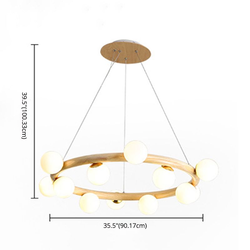 Moderno lampadario a legna a soffitto circolare creativo con tonalità di vetro bianco