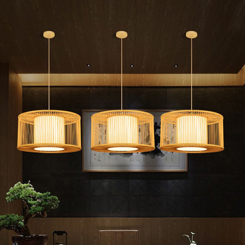 Hand-worked Drum Shaped Pendant Modern Wood 1-Light Restaurant Hanging Lighting