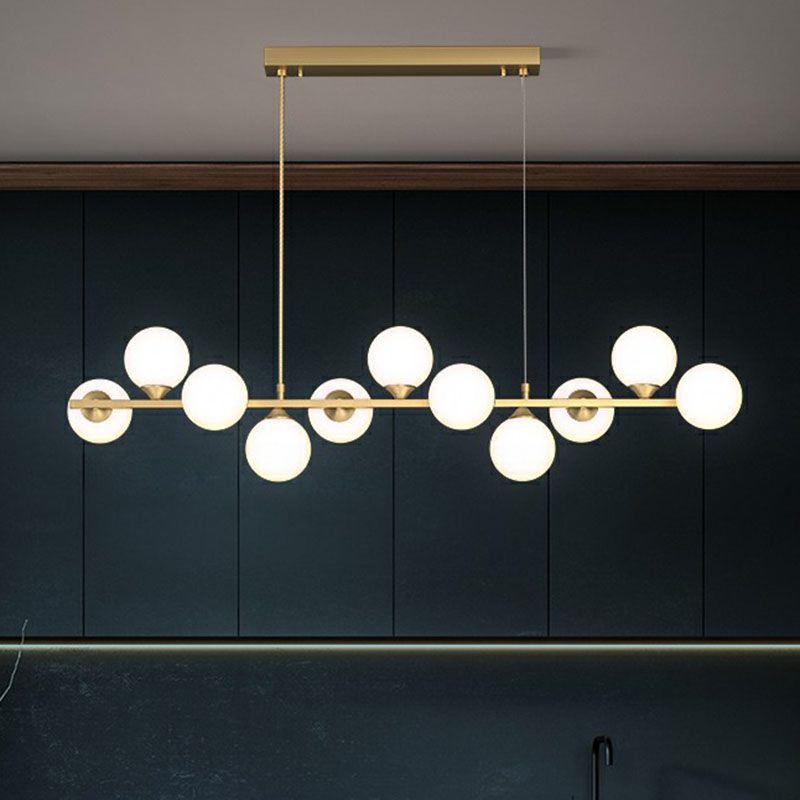 11-Light Restaurant Island Lamp Postmodern Hanging Light with Orb White Glass Shade