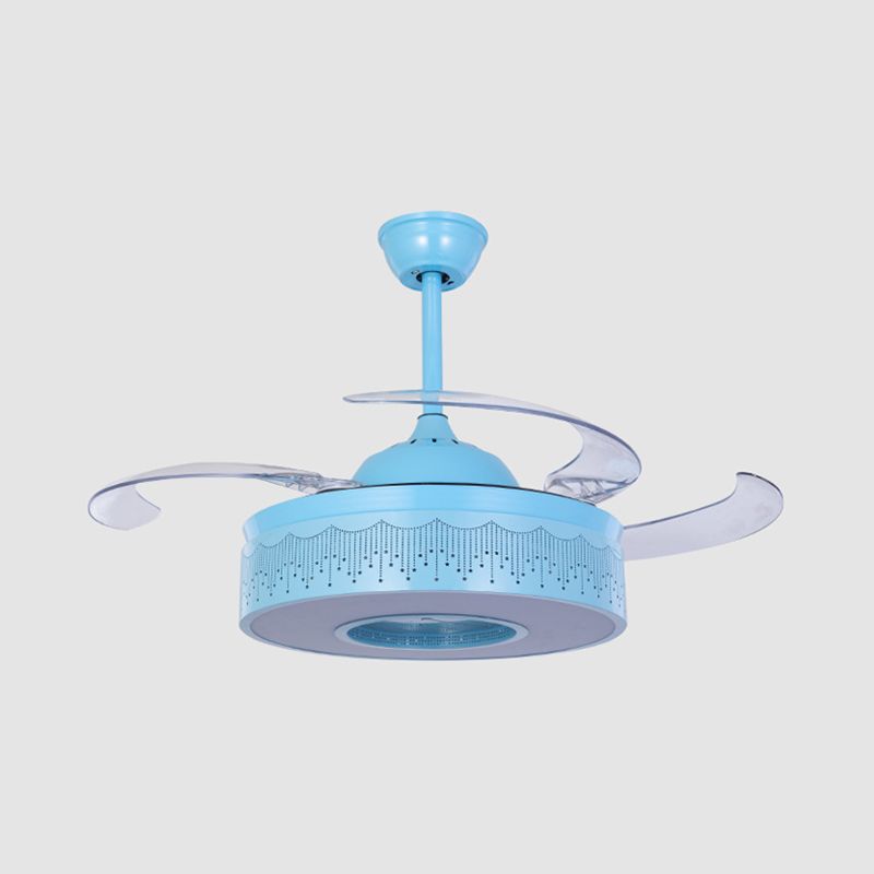 4 Blades Metallic Ring Semi Flush Lighting Modern 36" W LED Pendant Fan Lamp Fixture in Pink/Blue with Hollowed Out Design, Wall/Remote Control