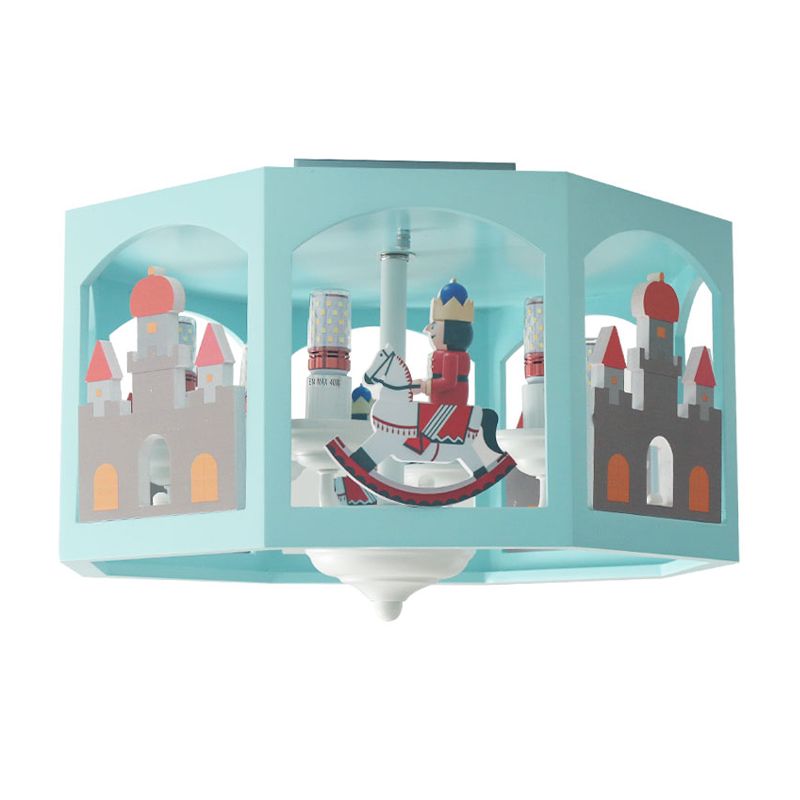 6 Heads Bedroom Semi-Flush Mount Macaron Green Ceiling Light Fixture with Octagon Metal Shade