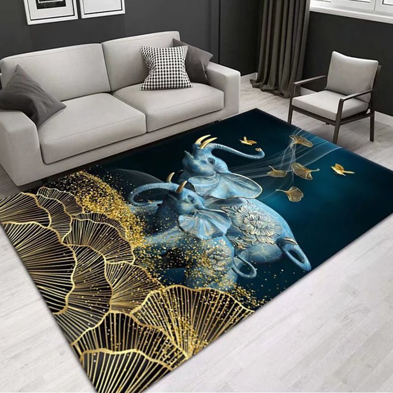 Blue Gorgeous Rug Polyester Peacock Rug Stain Resistant Rug for Living Room