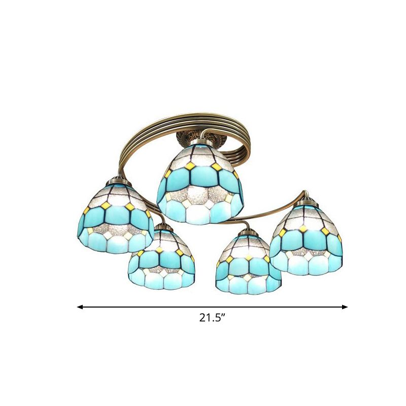 Mediterranean Spiral Ceiling Light Metal Semi Flush Mount Light with Stained Glass Shade