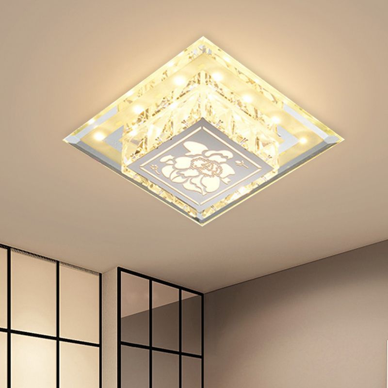 Moderna lampada da soffitto quadrata a incasso in cristallo sfaccettato a LED in cromo con motivo floreale
