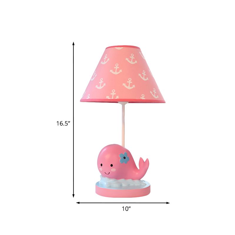 Caricaturé baleine petite lampe de bureau résine 1 lumière de nuit de chambre claire avec une nuance de tissu baril en rose