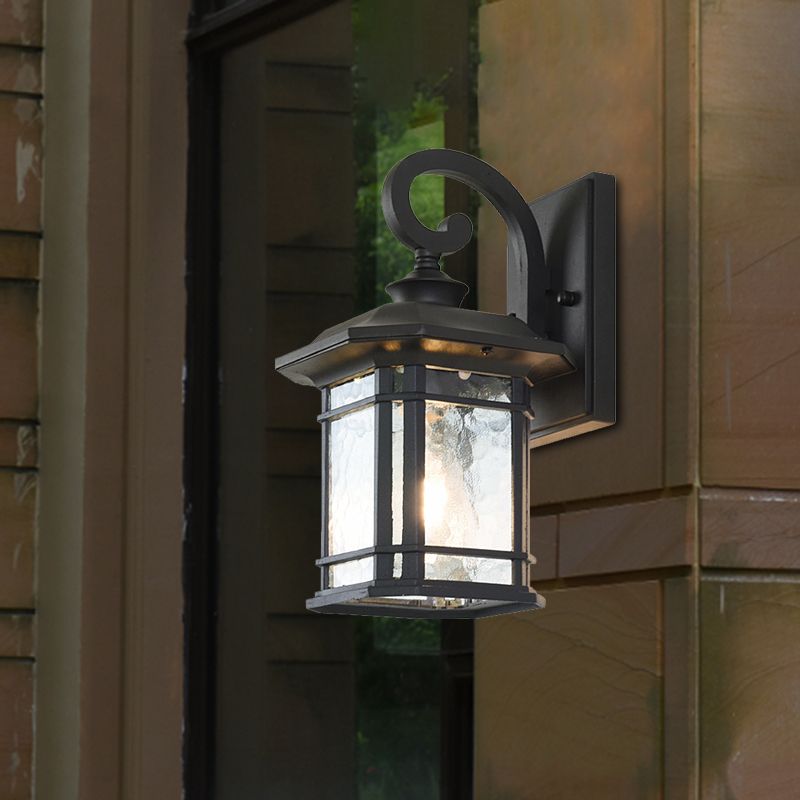 Bronze Curvy Arm Wall Lighting Countryside Clear Ripple Glass Single Head Outdoor Sconce