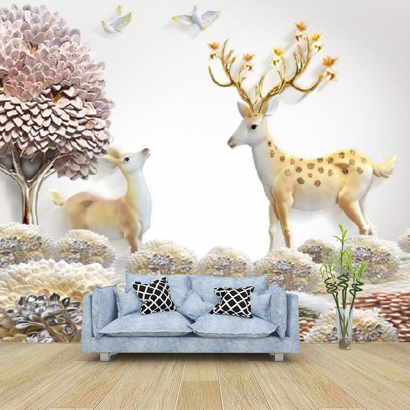 Nordic Grassland Deer Wall Mural Purple-Yellow Moisture Resistant Wall Art for Home