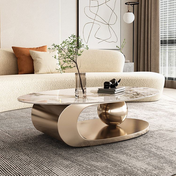 Elliptical Slate Glam Coffee Table 27.6" D Abstract Cocktail Table with Floor Shelf