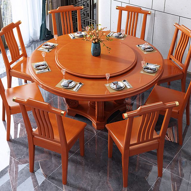 Round Solid Wood Dining Table Modern Turntable Furniture with Pedestal Base