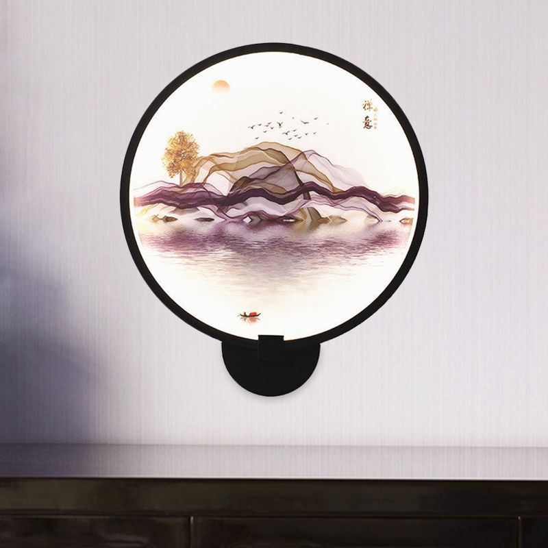 Brown/Purple Line Art Mural Lighting Asian Style Metallic LED Wall Sconce Light for Bedroom