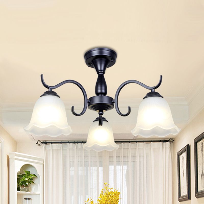 Classical Semi Flush Mount Ceiling Light White Flower Glass Shade Dining Room Ceiling Lamp