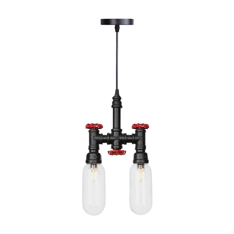 Black Piping Chandelier Lighting Industrial Iron 2/4/5 Bulbs Coffee House Pendant Lamp with Pill Capsule Clear Glass Shade