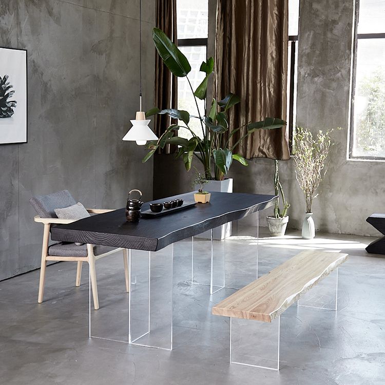 Black Modern Double Pedestal Table Rectangle Pine Solid Wood Top Dining table