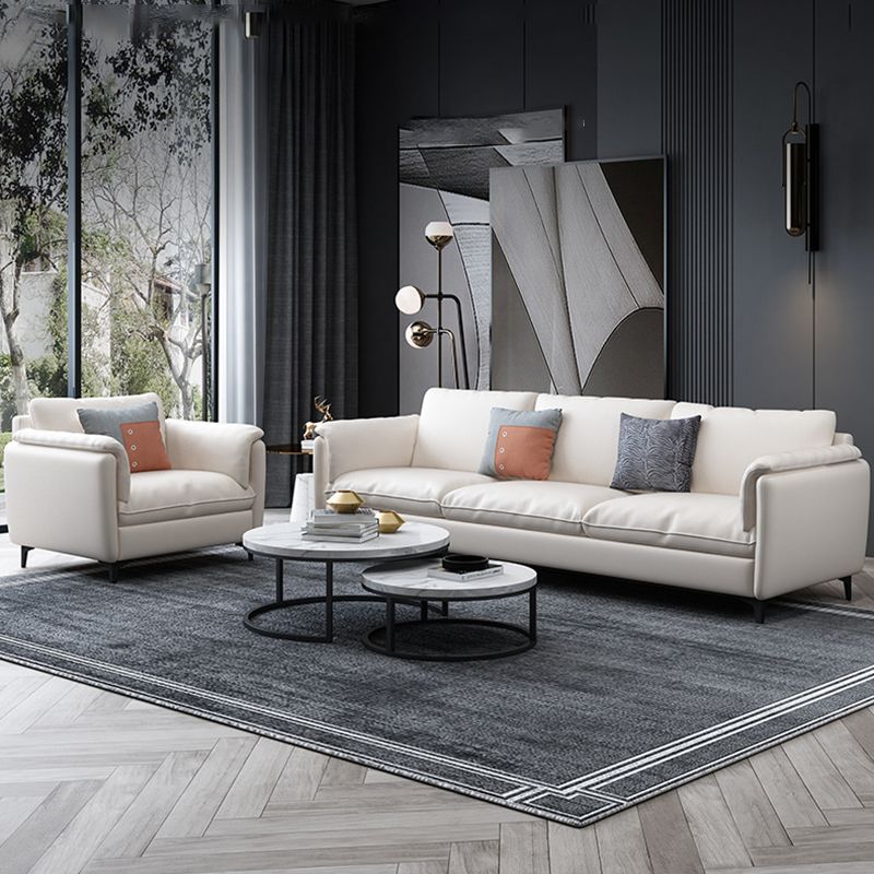 White Leather Pillow Back Sofa Contemporary Pillow Top Arm Sofa