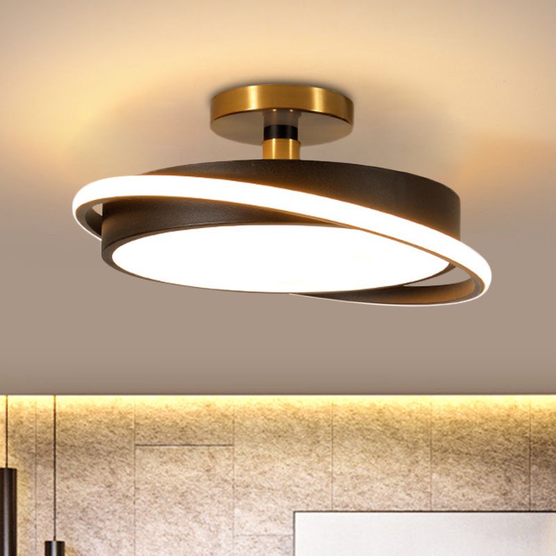 Drum Bedroom Flush Light Fixture Metal 18"/21.5" Dia LED Modernism Semi Flush Lamp in White/Black with Rotatable Ring, White/Warm Light