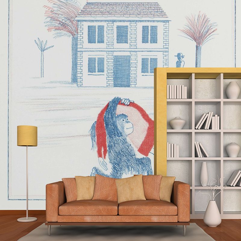 Monkey in House Front Murals Red and Blue Artistry Wall Decoration for Living Room