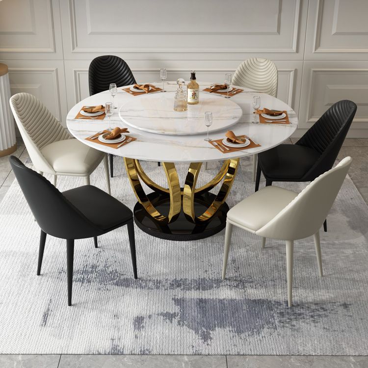 Contemporary Round Turntable Faux Leather Dining Set Stone 1/4/7 Pieces Dining Furniture