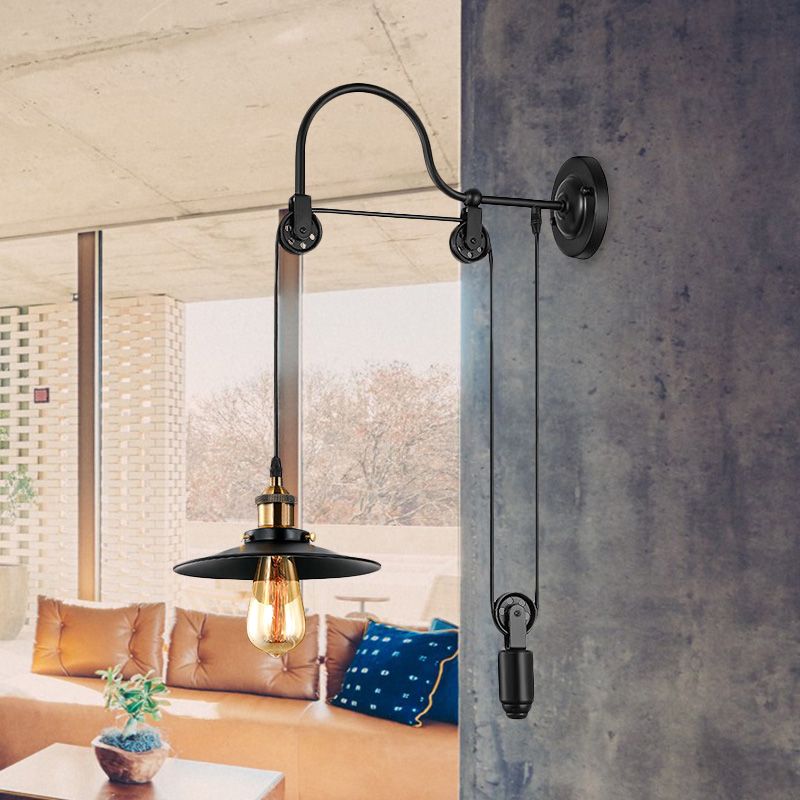 1 Bulb Flat Wall Mounted Lamp Industrial Style Black Metallic Adjustable Wall Lighting Fixture with Pulley Design