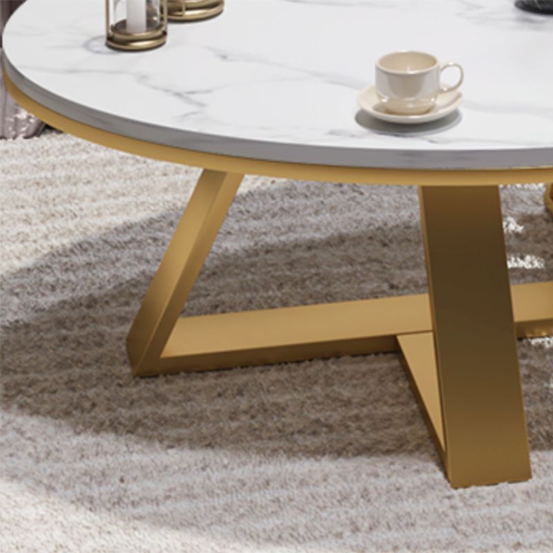 Glam Oval Stone Top Coffee Table with Iron Cross Base Cocktail Table