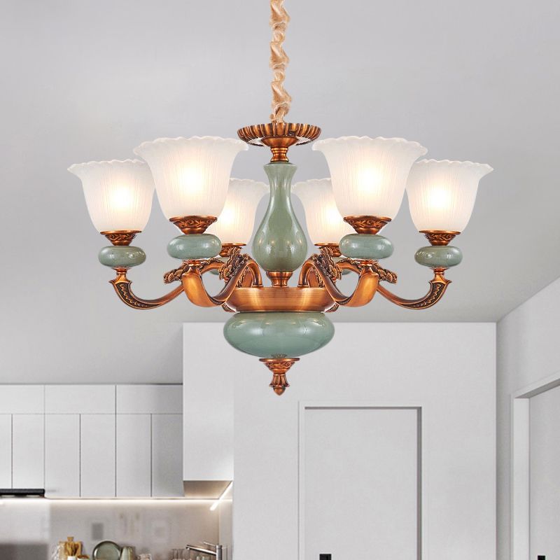 Vintage Style Floral Shaped Pendant Chandelier 6/8-Bulb Cream Glass Suspension Lighting in Brown
