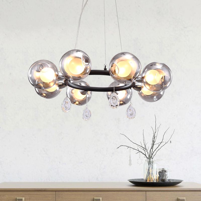 Circular Smoke Grey Glass Orb Pendant Modernism 8 Lights Black Chandelier with Droplet