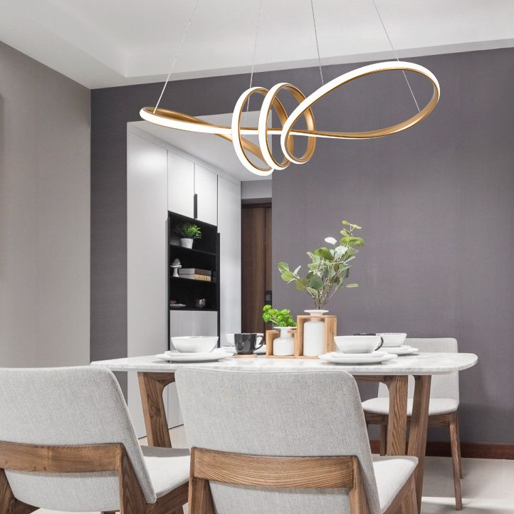 Minimalist Line Art Chandelier Metal Dining Room LED Hanging Pendant Light in Gold
