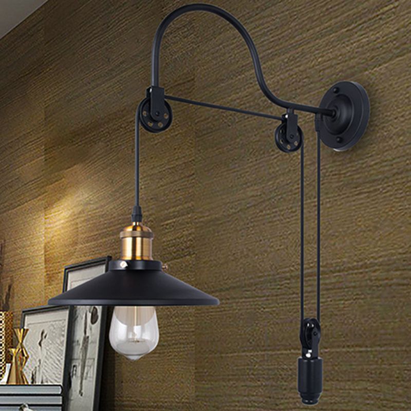 Wide Flare Metal Sconce Lighting Industrial Single Bulb Dining Room Wall Mounted Lamp in Black with Pulley