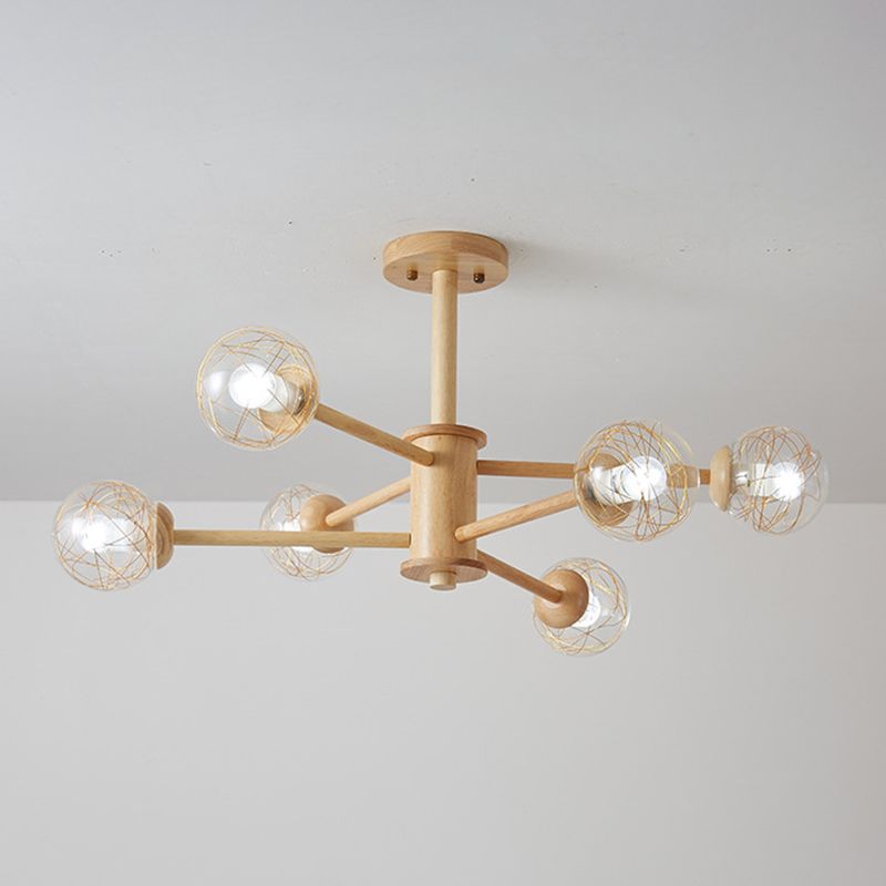 Creative Simple Style Wooden Chandelier Ceiling Hanging Light with Glass Shade