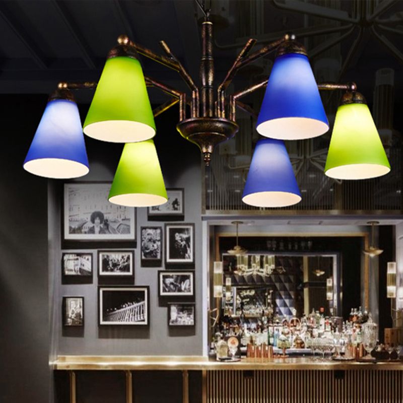 Rust Tapered Shade Chandelier 6 Lights Retro Metal Hanging Light for Restaurant