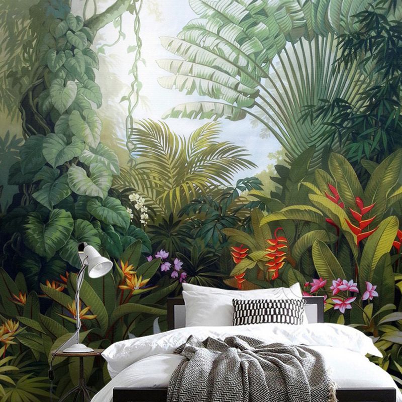 Stain-Resistant Jungle Pattern Mural Wallpaper Non-Woven Contemporary Wall Art for Coffee Shop