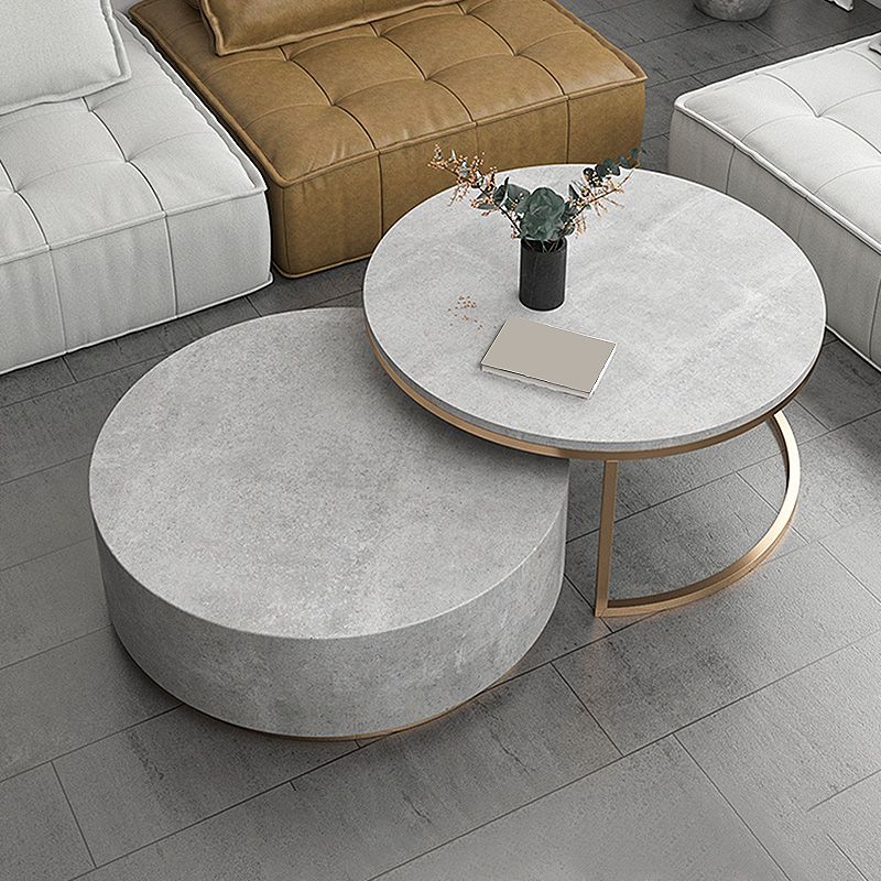 Drum Base Design Black/grey Faux Concrete Top Metal Base Round Coffee Table