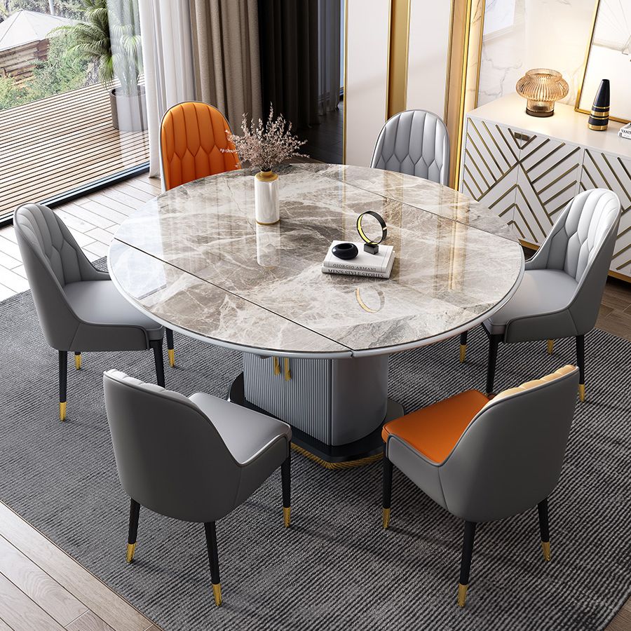 Mesa de comedor de piedra sinterizada de estilo moderno, mesa redonda abatible con base de metal