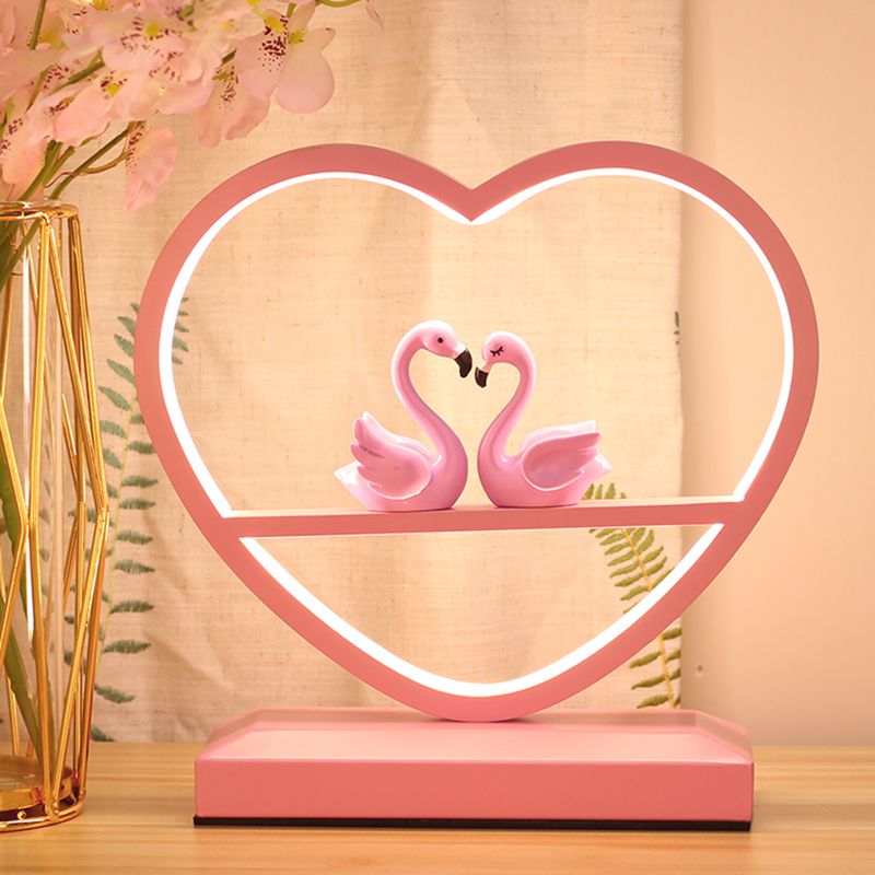 Nordic Loving Heart Night Lamp Metallic Sleeping Room LED Table Light with Swans Deco in Pink