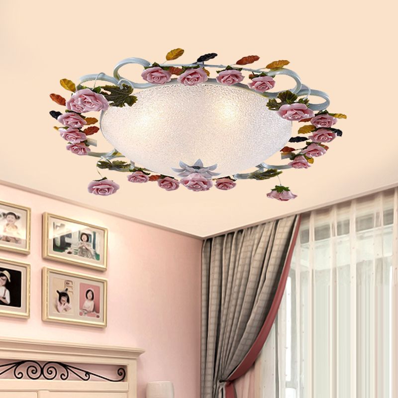 Korean Garden Domed Ceiling Fixture White Glass 23.5"/27.5" Width LED Flush Mount Light with Pink Rose