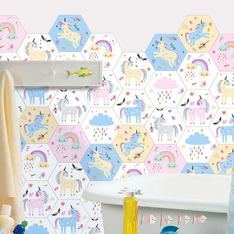 Pink Childrens Art Wallpaper Panels 9' x 8" Unicorn and Rainbow Print Wall Decor, Self-Stick