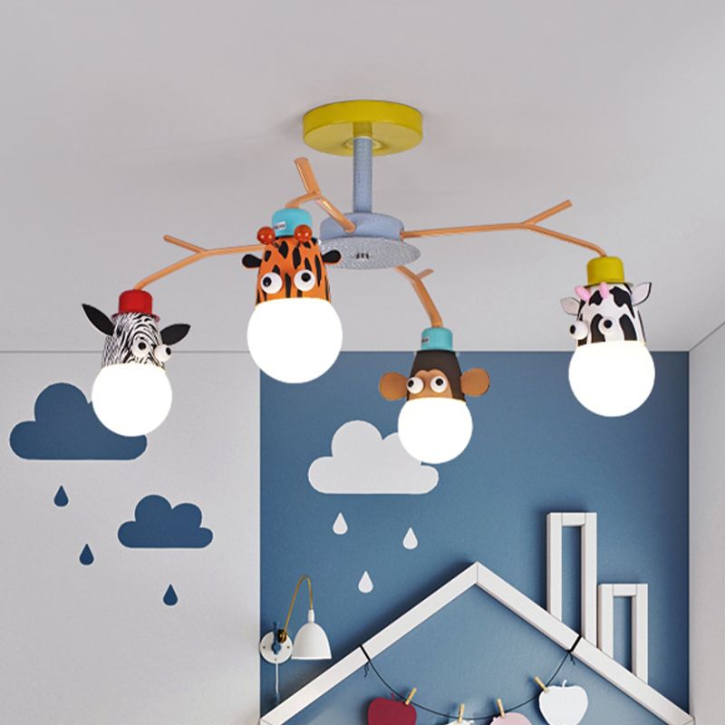 White Glass Animal Ceiling Light Kids 4 Bulbs Yellow Semi Flush Mount Lighting for Nursery