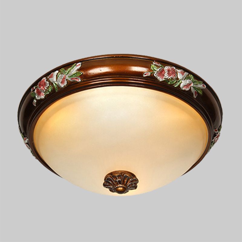 Dome Shape Frosted Glass Ceiling Flush Vintage 12"/16"/19.5" W 3 Bulbs Bedroom Flush Light Fixture with Blossom Design in Brown