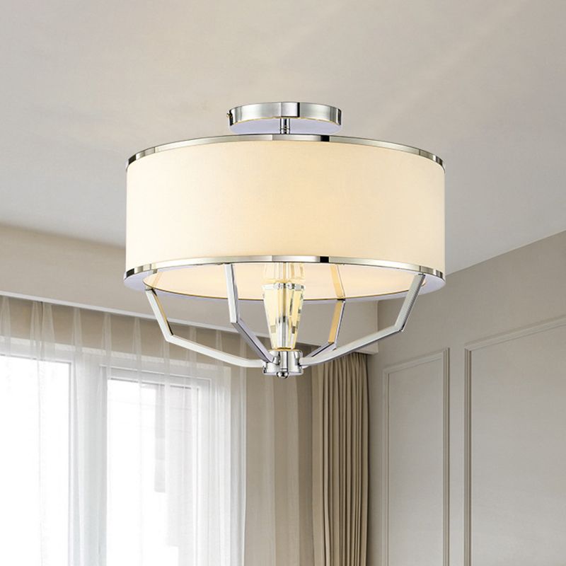 Modern Drum Semi Ceiling Flushmount Light with White Fabric Shade 5 Lights Semi Flush Lamp in Chrome
