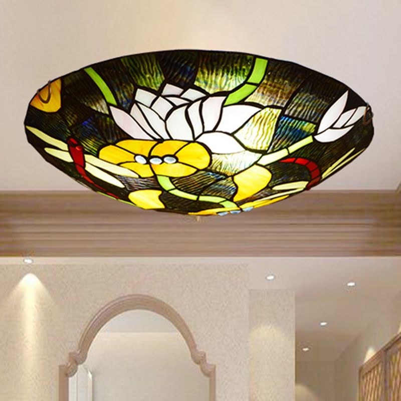 Black Bowl Shaped Ceiling Lamp Tiffany Stained Glass Flush Mount Light with Lotus and Dragonfly Pattern