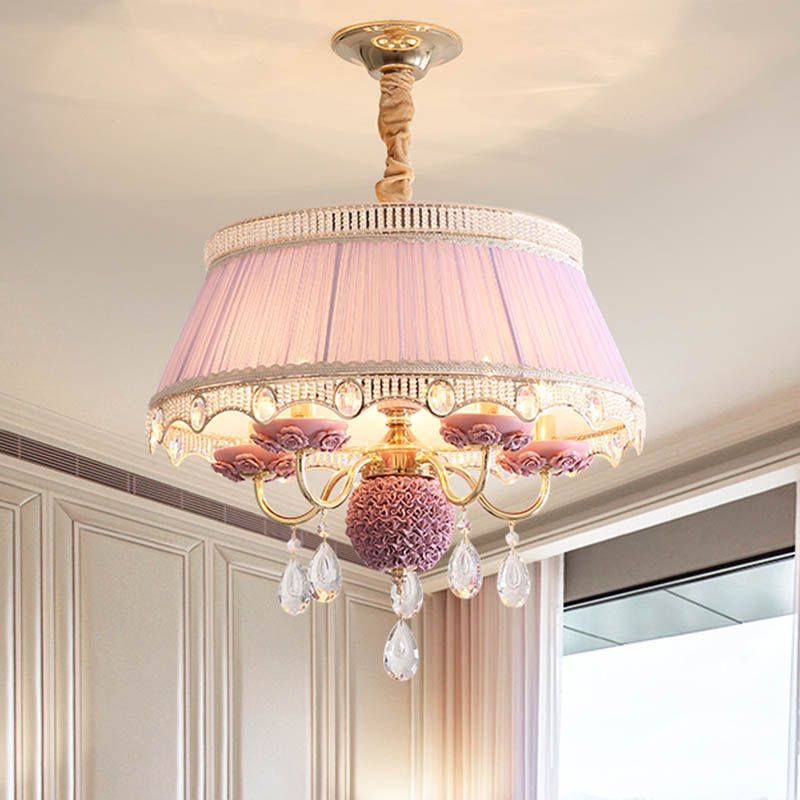 Fabric Scalloped Chandelier Lighting Modern 5 Heads Pink/Blue/Purple Hanging Ceiling Light with Crystal Drop