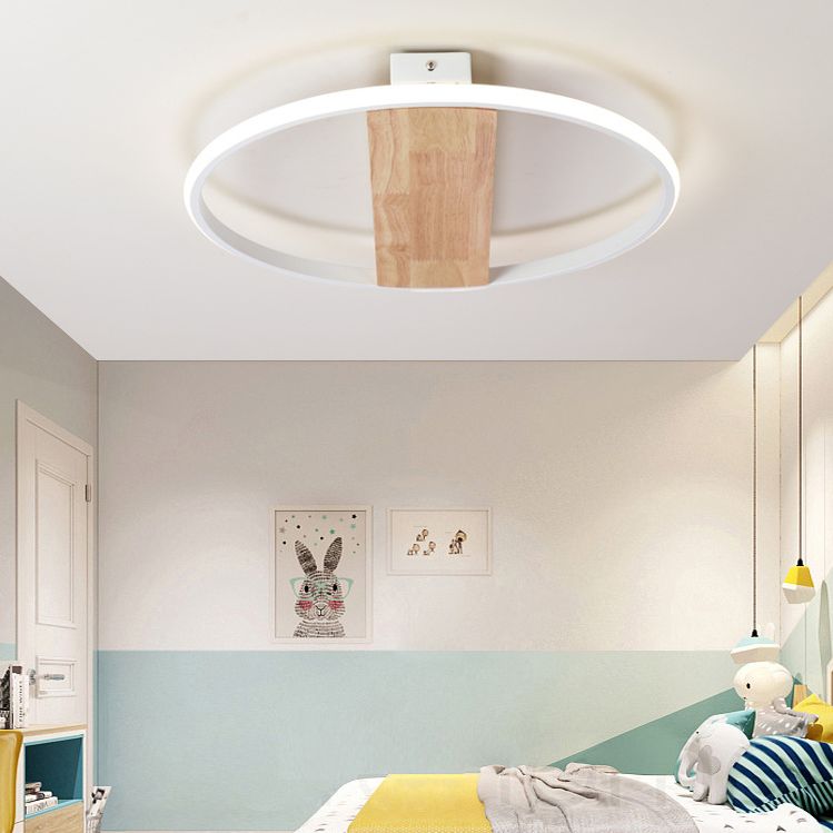 Modern LED Ceiling Light Fixture White Circular Ceiling Mounted Light with Wooden Shade